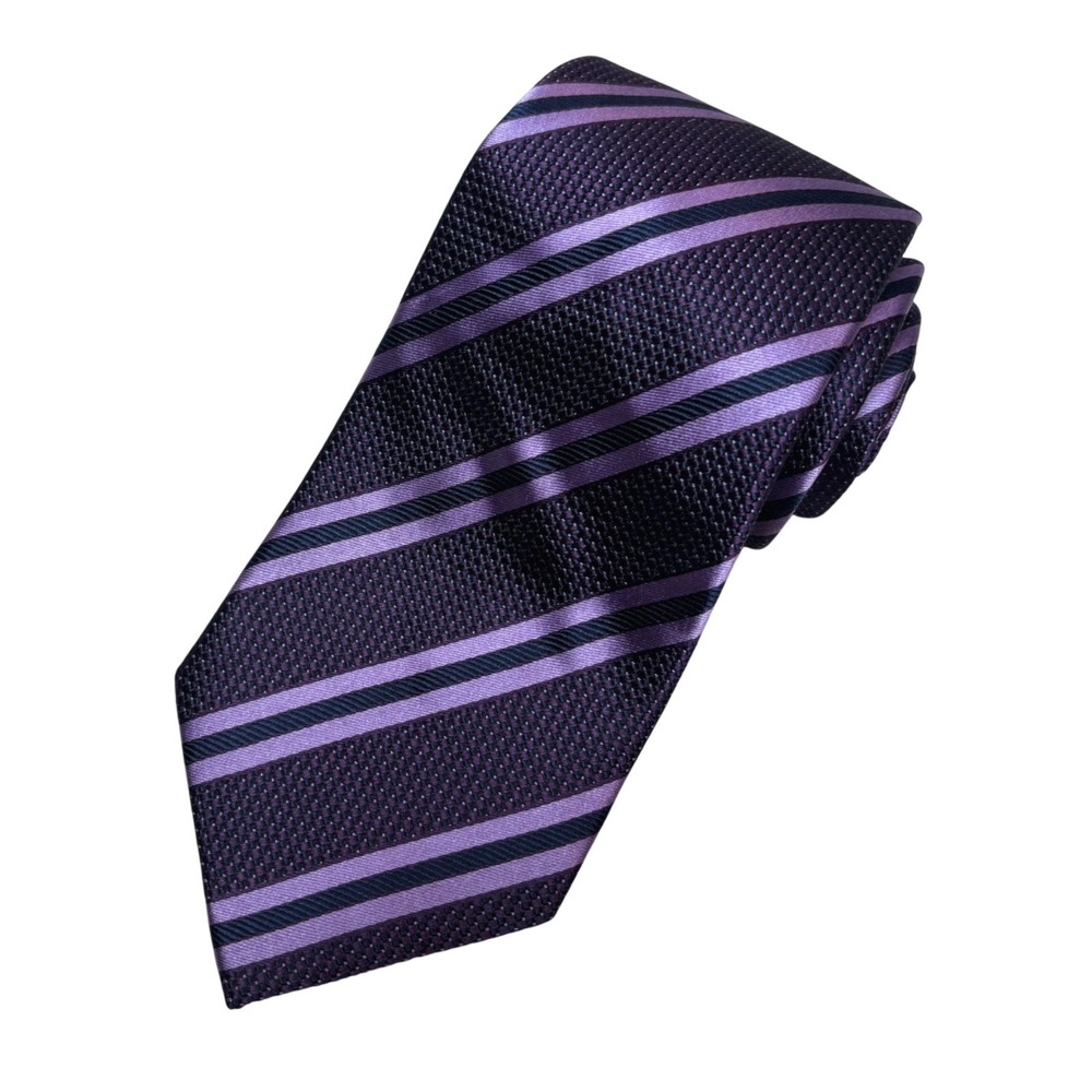 BAHRACH Mens Purple Black Striped Silk Necktie Business Formal 3.25" Wide